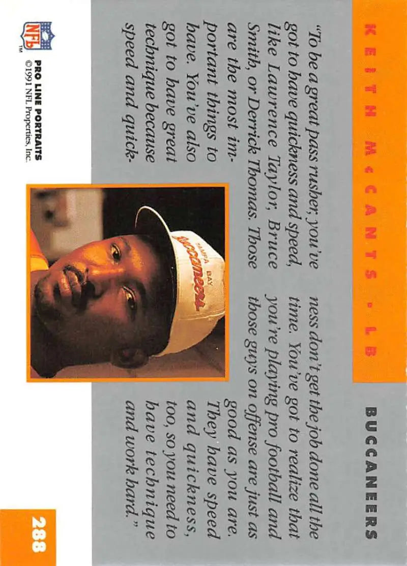 Trading card featuring Keith McCants with orange border for Tampa Bay Buccaneers