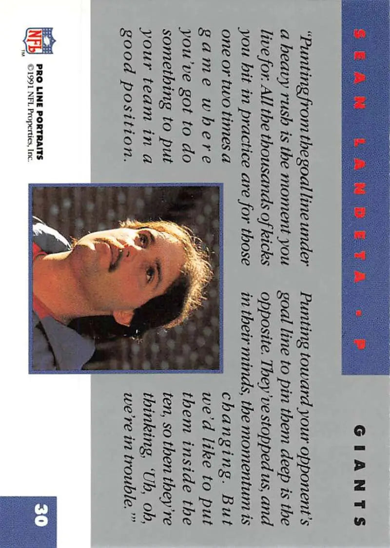 Trading card featuring Sean Landeta with a blue and white design for York Giants