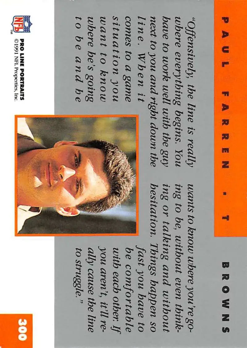 Paul Farren 1991 Pro Line Portraits #300 Football Card featuring Cleveland Browns portrait