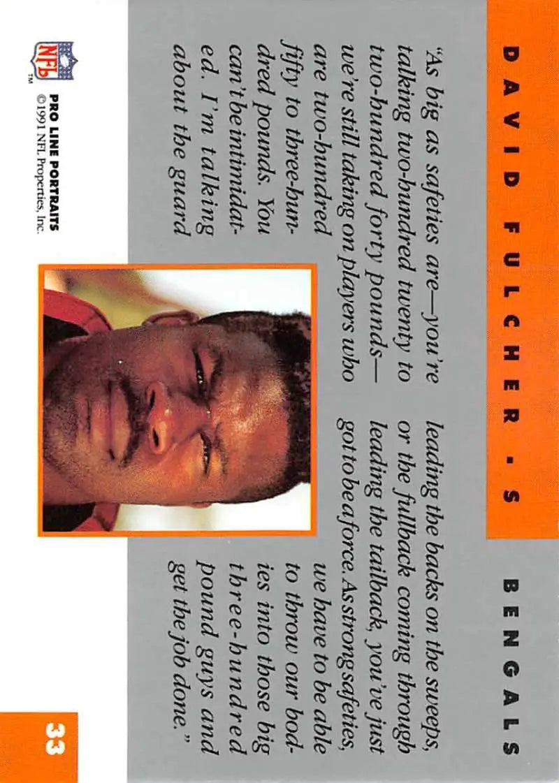 1991 Pro Line Portraits #33 David Fulcher Football Card with Orange Borders for Cincinnati Bengals