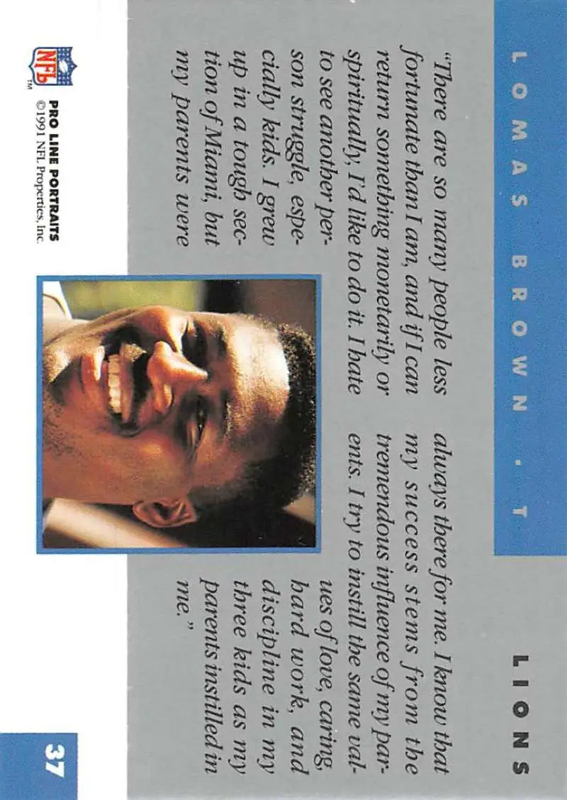 Lomas Brown Pro Line Portraits trading card on blue background for Detroit Lions fans