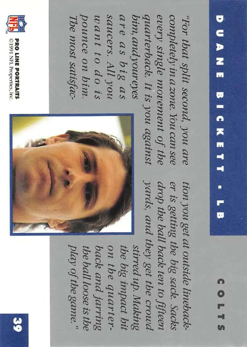 Duane Bickett 1991 Pro Line Portraits football card with blue borders and text