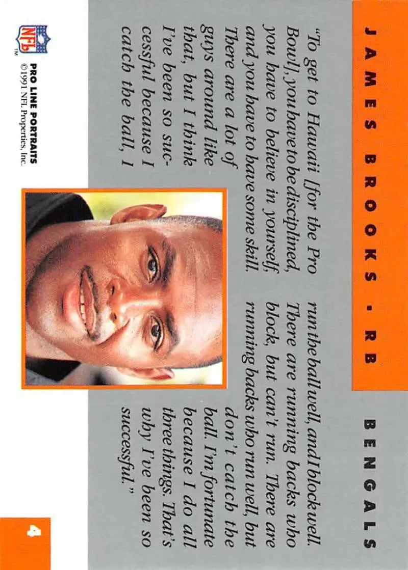 NFL trading card featuring James Brooks in orange borders from Pro Line Portraits
