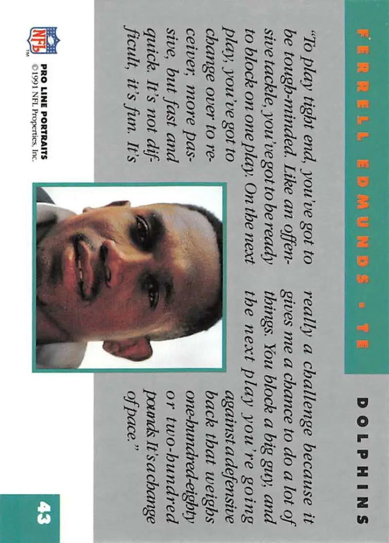 1991 Pro Line Portraits Ferrell Edmunds Miami Dolphins Football Card in teal and white