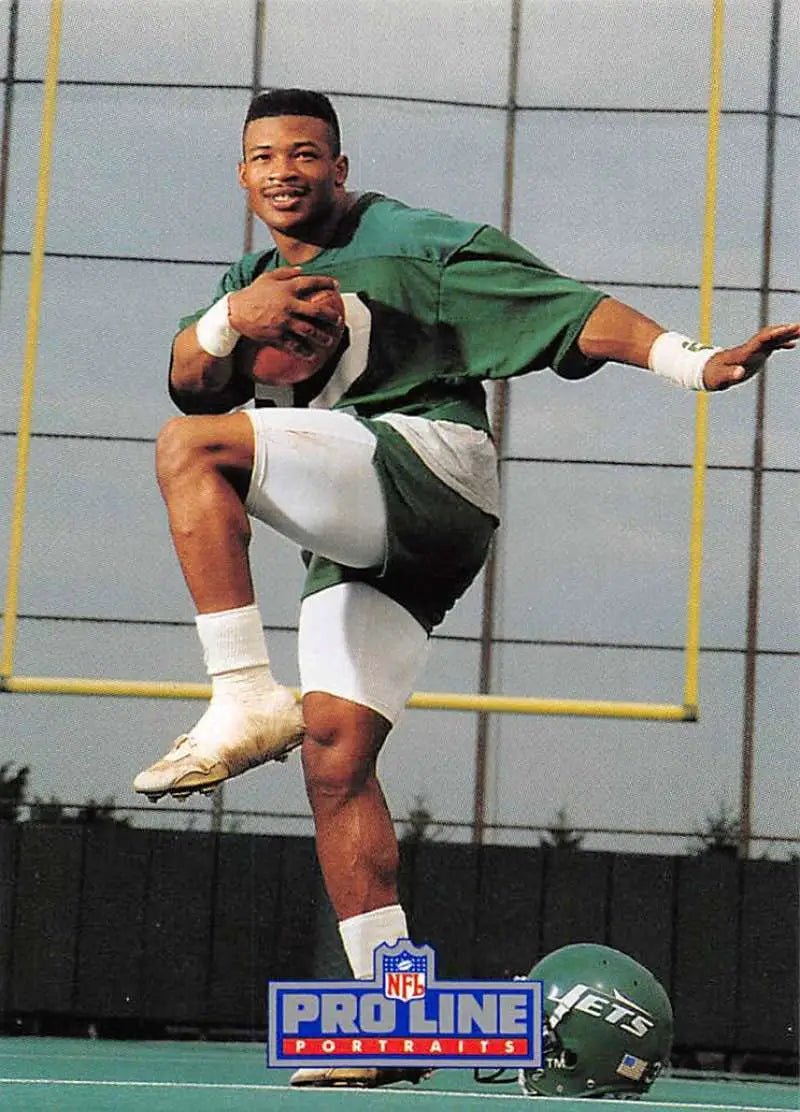 Blair Thomas in dynamic kicking pose for York Jets Pro Line football card