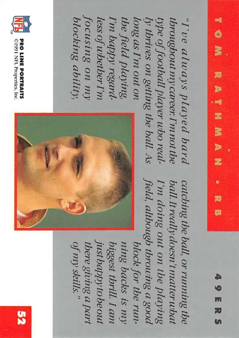 1991 Pro Line Portraits #52 Tom Rathman San Francisco 49ers Football Card with red borders
