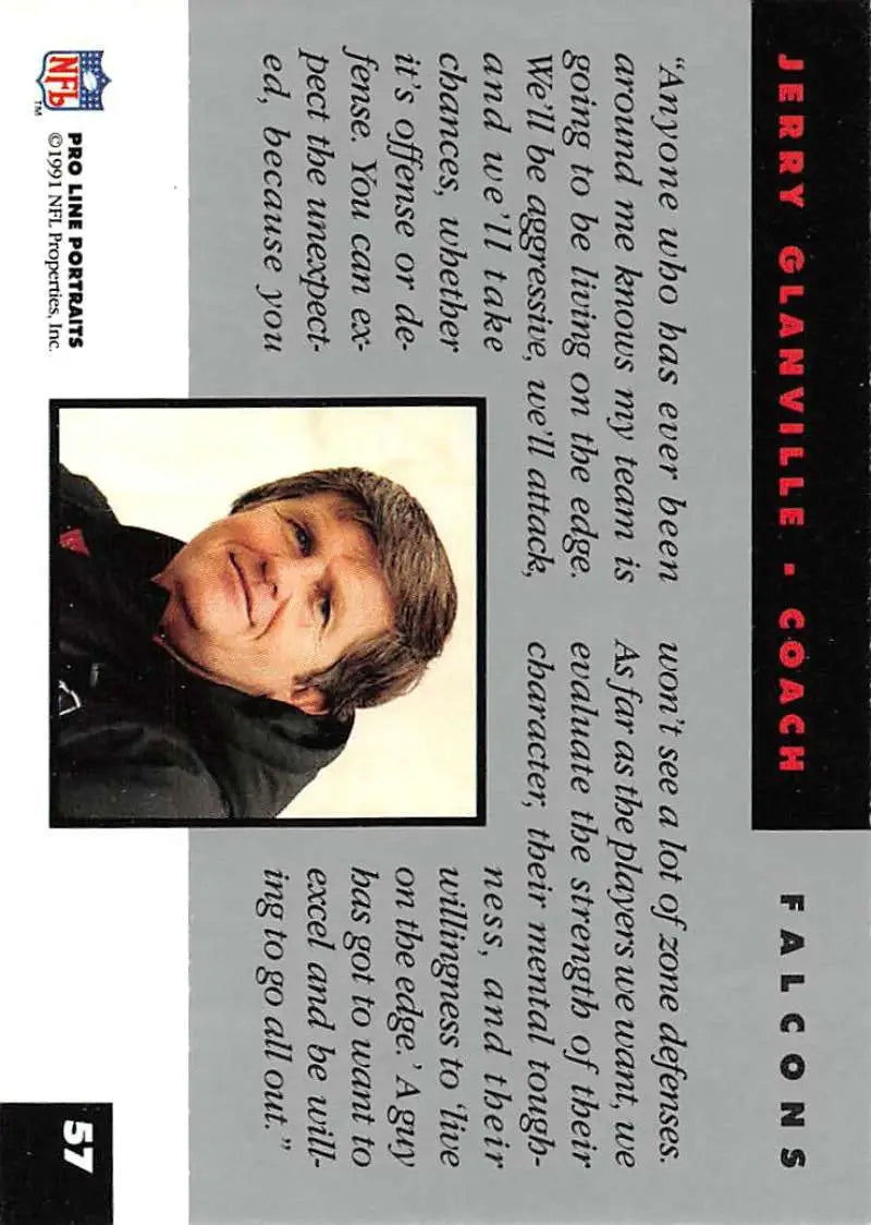 Trading card of Jerry Glanville in black jacket from Pro Line Portraits series