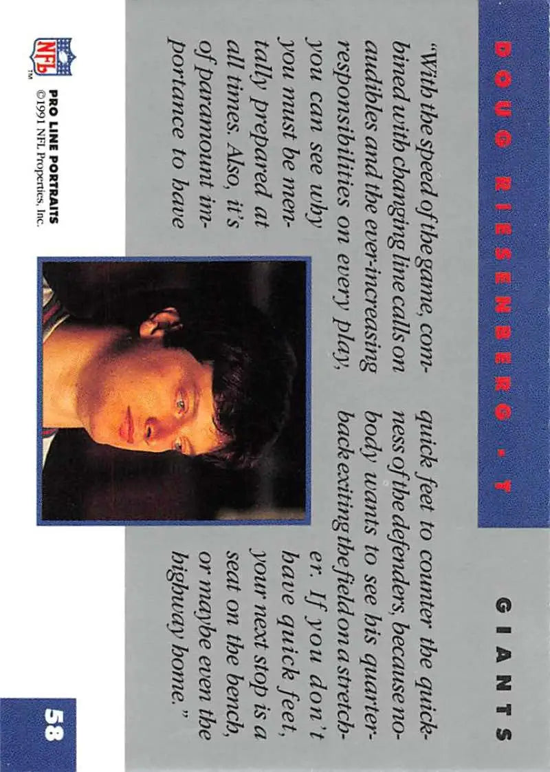 1991 Pro Line Portraits Doug Riesenberg New York Giants Football Card with blue border