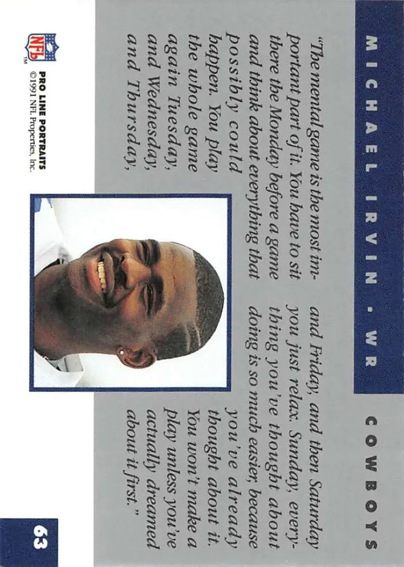 Blue and white identification badge featuring Michael Irvin, Dallas Cowboys Football Card