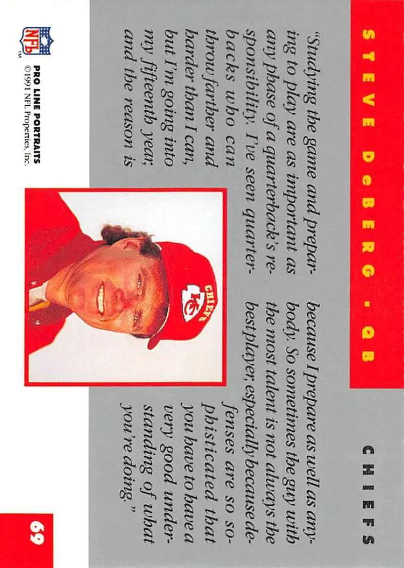Baseball card of Steve DeBerg on red background from Pro Line Portraits Kansas City Chiefs
