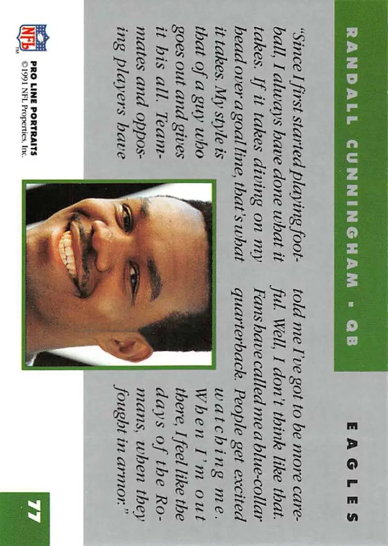 1991 Pro Line Portraits #77 Randall Cunningham Philadelphia Eagles Football Card with green borders