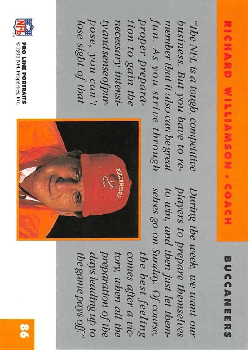 Trading card of Richard Williamson, Tampa Bay Buccaneers coach in red cap