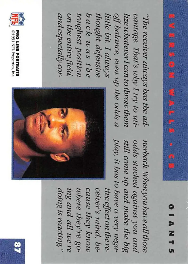 Football card featuring Everson Walls with blue borders for New York Giants collectors