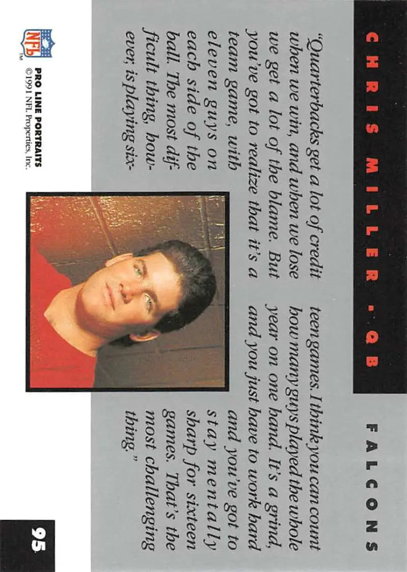 1991 Pro Line Portraits #95 Chris Miller Atlanta Falcons trading card on red background