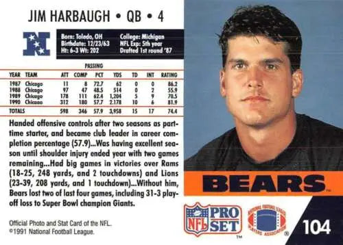 Jim Harbaugh 1991 Pro Set #104 football card with original gloss, Near Mint condition