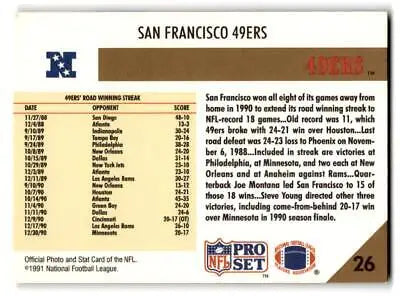 1991 Pro Set #26 San Francisco 49ers football card featuring iconic players
