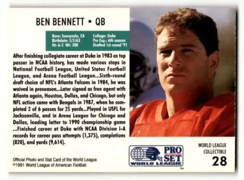 Ben Bennett Sacramento Surge football card 1991 Pro Set #28 in original gloss condition