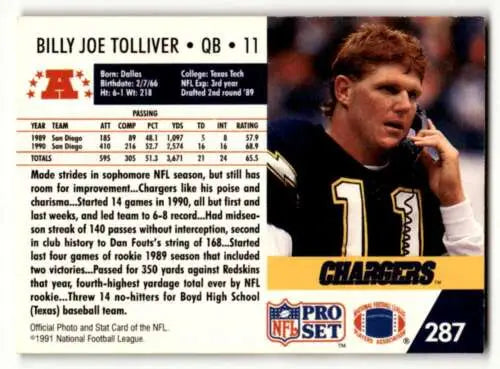 Original gloss Billy Joe Tolliver San Diego Chargers football card 1991 Pro Set #287
