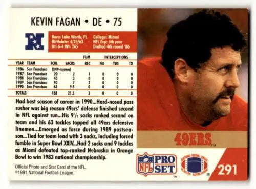 Kevin Fagan San Francisco 49ers football card original gloss 1991 Pro Set #291