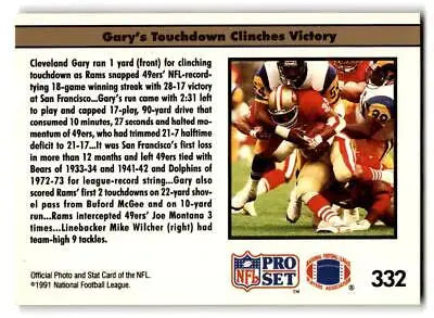 1991 Pro Set #332 card featuring Rams halt 49ers’ streak football trading card