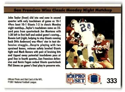 Football card of 1991 Pro Set #333 celebrating 49ers beat 10-1 Giants game