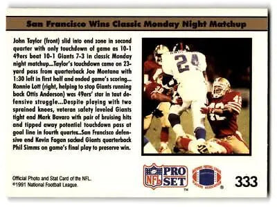 Football card of 1991 Pro Set #333 featuring 49ers beat 10-1 Giants game
