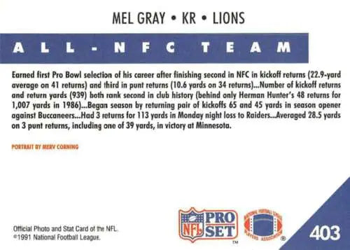 1991 Pro Set #403 Mel Gray football card in Near Mint condition with original gloss