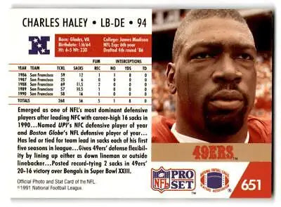 NFL trading card of Charles Haley from 1991 Pro Set showcasing his achievements