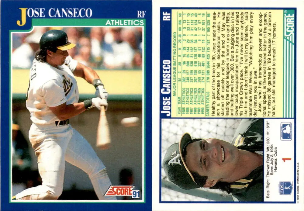 Jose Canseco 1991 Score Baseball Card featuring Oakland Athletics player at bat