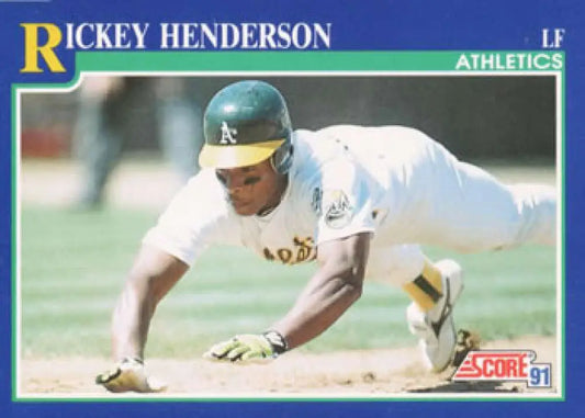 Rickey Henderson sliding headfirst in Oakland Athletics uniform on baseball field