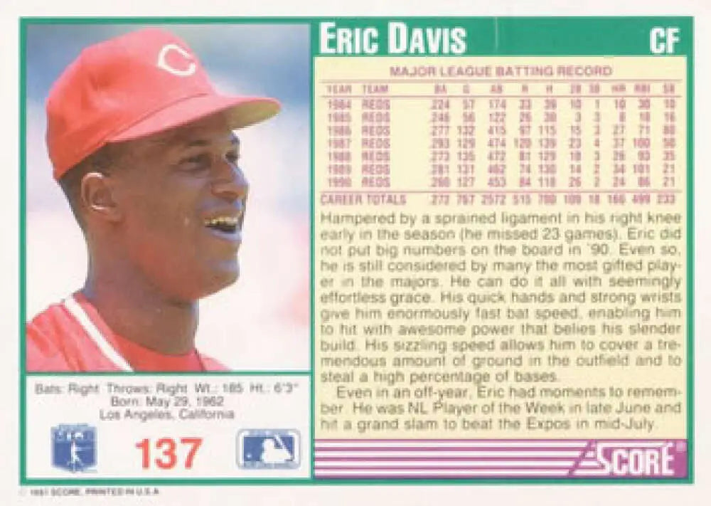 Baseball card of Eric Davis from Score featuring Cincinnati Reds player in red cap