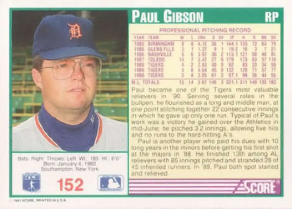 Baseball card of Paul Gibson with Detroit Tigers navy cap from Score brand