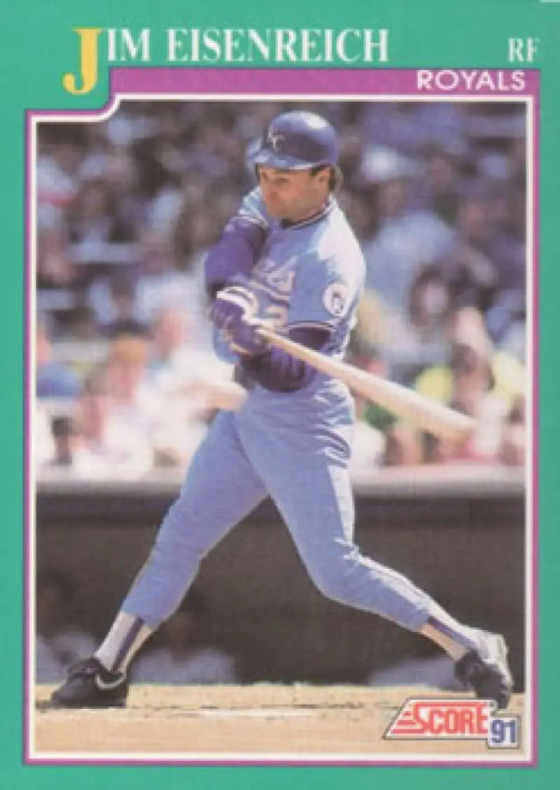 1991 Score Jim Eisenreich Kansas City Royals Baseball Card featuring player at bat