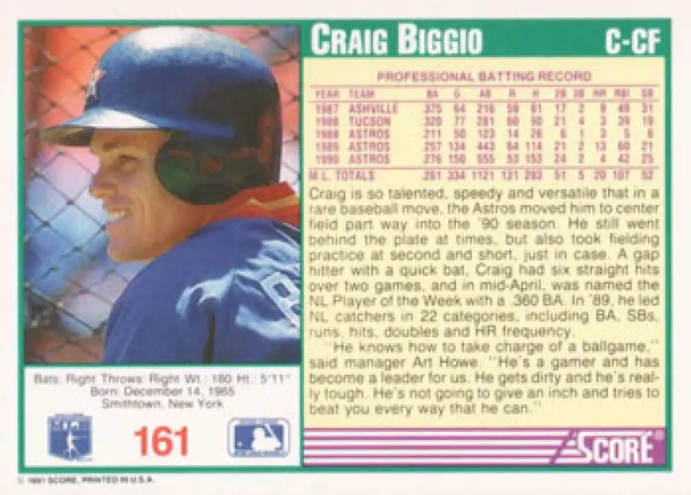 1991 Score #161 Craig Biggio Baseball Card in blue uniform for Houston Astros fans