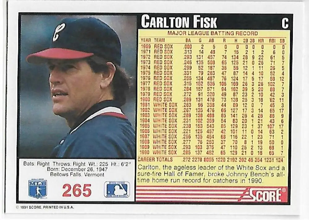 Carlton Fisk 1991 Score Baseball Card featuring Chicago White Sox catcher