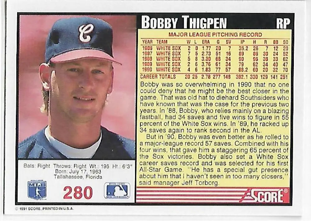 1991 Score #280 Bobby Thigpen Baseball Card featuring Chicago White Sox player