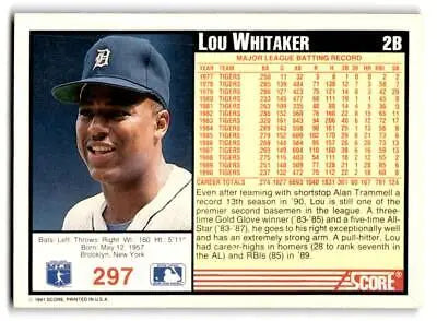 Lou Whitaker trading card featuring the 1991 Score #297 edition baseball cards