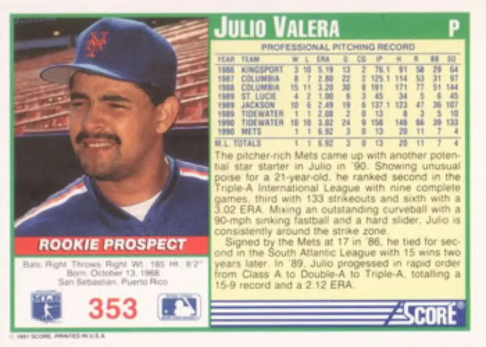 New York Mets Julio Valera blue cap baseball card for collectors and fans