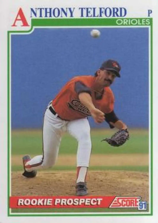 Baseball card of Anthony Telford, Baltimore Orioles pitcher in red uniform