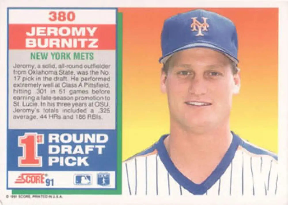 Jeromy Burnitz Rookie New York Mets Baseball Card in pinstriped uniform and blue cap