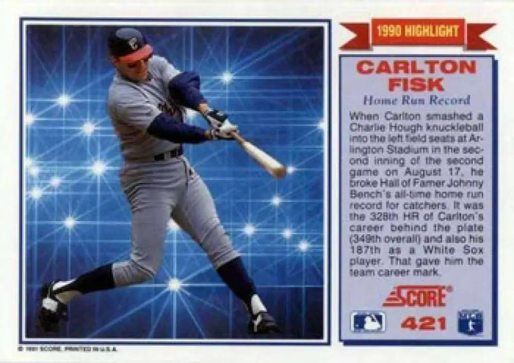 Baseball trading card of Carlton Fisk mid-swing in white uniform for Chicago White Sox