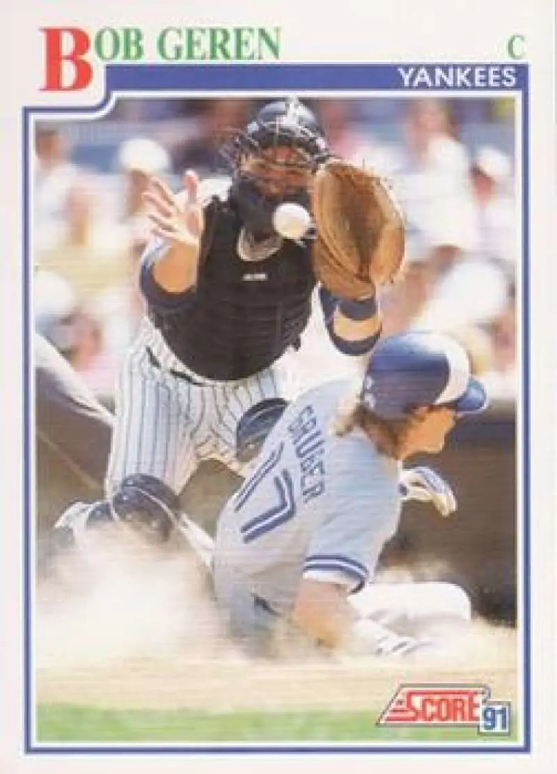 Baseball card of Bob Geren making a play at home plate for the New York Yankees