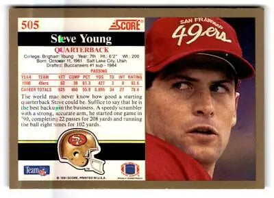 Steve Young San Francisco 49ers football card from 1991 Score #505 collectible series