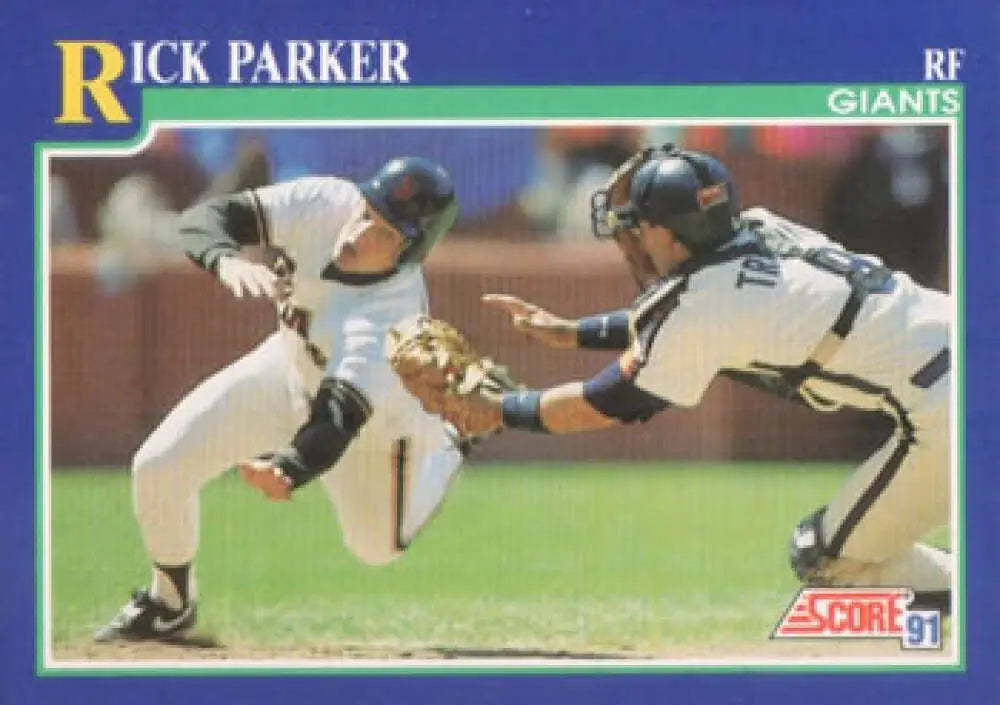 Baseball card of Rick Parker in a dramatic play at home plate for San Francisco Giants