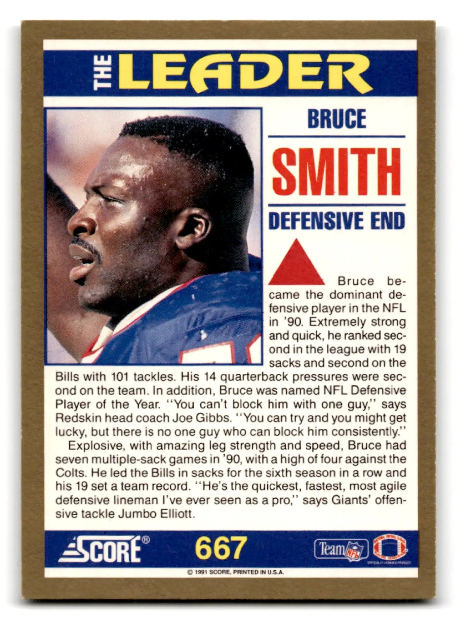 1991 Score Football Bruce Smith card featuring Buffalo Bills player on a collectible football card