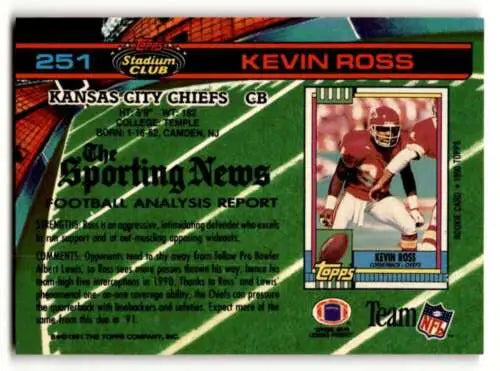 1991 Stadium Club #251 Kevin Ross Kansas City Chiefs original gloss football card
