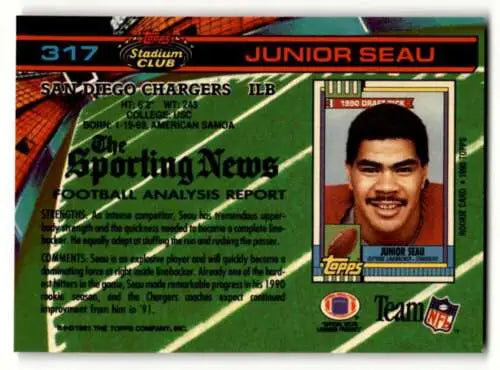 Junior Seau football card from 1991 Stadium Club featuring original gloss effect