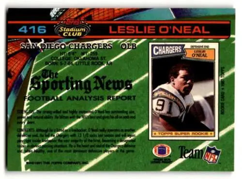 1991 Stadium Club #416 Leslie O’Neal San Diego Chargers Football Card Original Gloss