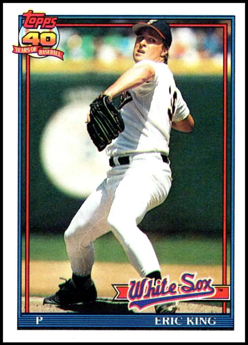 Baseball card of Eric King pitching for the Chicago White Sox in a white uniform