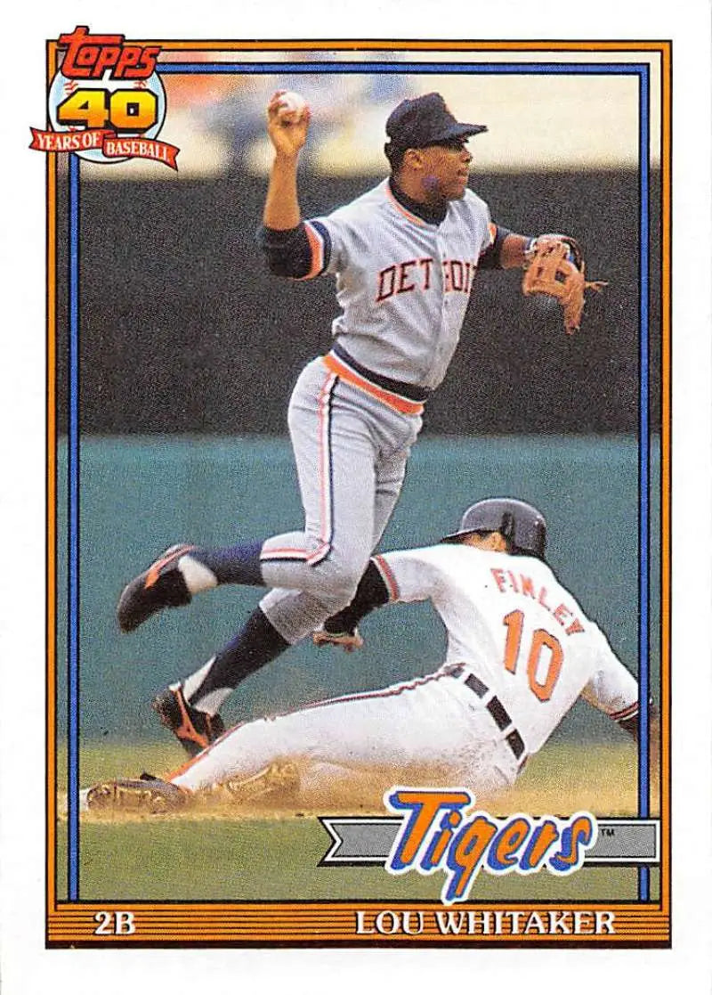 Baseball card of Lou Whitaker leaping throw for Detroit Tigers over baserunner